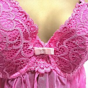 Coquette Diva Babydoll Teddy 38D Bright Pink Underwire Lace Satin Sexy Lingerie